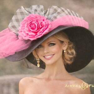 Kentucky Derby Hat, High Tea Black White Plaid Large Brim Hat, Giant Pink Flower Hat, Del Mar, Royal Ascot Hat, Melbourne Cup, Church, Polo