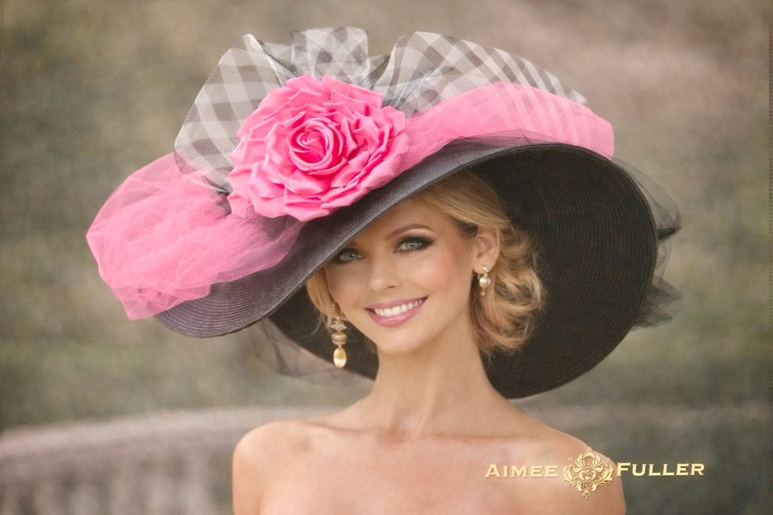 Kentucky Derby Hat, High Tea Black White Plaid Large Brim 