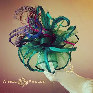 Kentucky Derby Hat Fascinator, Emerald Green Hot Pink Fascinator, Peacock Feather Easter Hat, Del Mar Races Preakness Royal Ascot Hat, Epsom