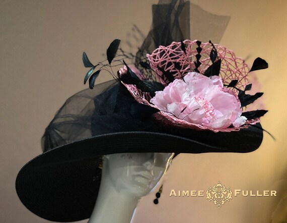 Kentucky Derby Hat, Wide Brim Hot Pink Flower Black Church  display picture 2