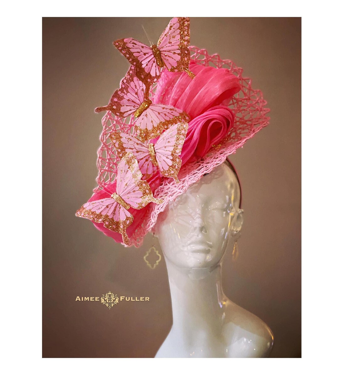 Aimee Fuller Custom Pink Rose Hat with Butterflies Aimee Fuller Butterfly Hat Dusty Pink Mauve Gold Kentucky  main image 4