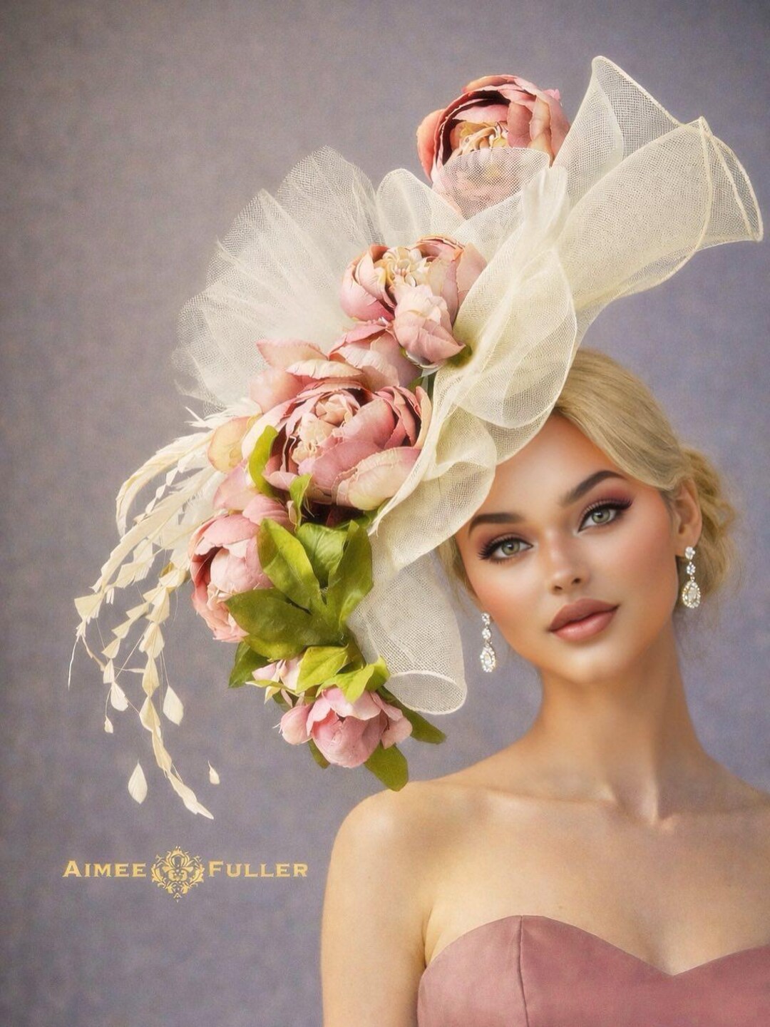 Floral Kentucky Derby Hat, Mauve Pink Green Royal Ascot 