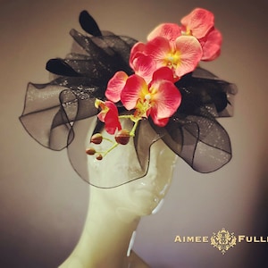 Kentucky Derby Hat, Red and Black Fascinator, Orchid Flowers High Tea Hat, Del Mar Races Melbourne Cup, Preakness, Royal Ascot Hat, Church
