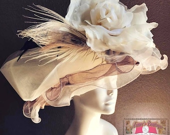 Kentucky Derby Hat, Coffee Beige Cream Brown Tulle Flower Peacock Feathers Silk Rose Church Hat, High Tea Hat, Royal Ascot Hat, Del Mar Hat