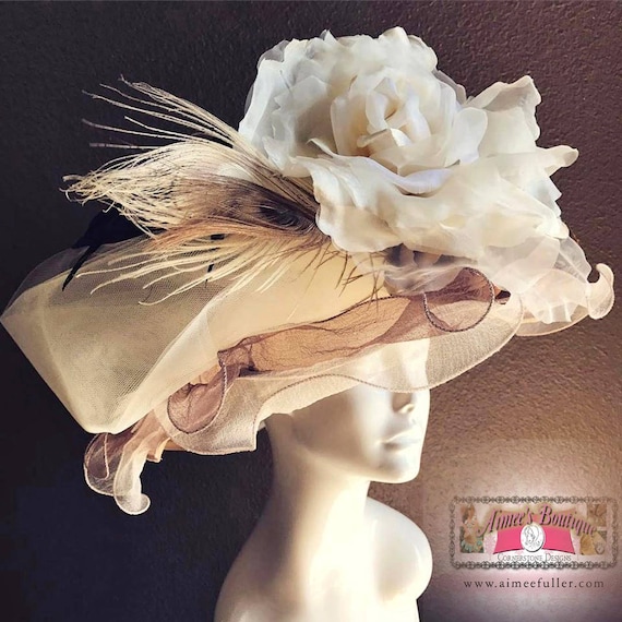 Beige Roses and Bows Wide Brim Derby Hat. Kentucky Derby Hats Camel Beige Velvet Flowers Hat Ny  main image 2