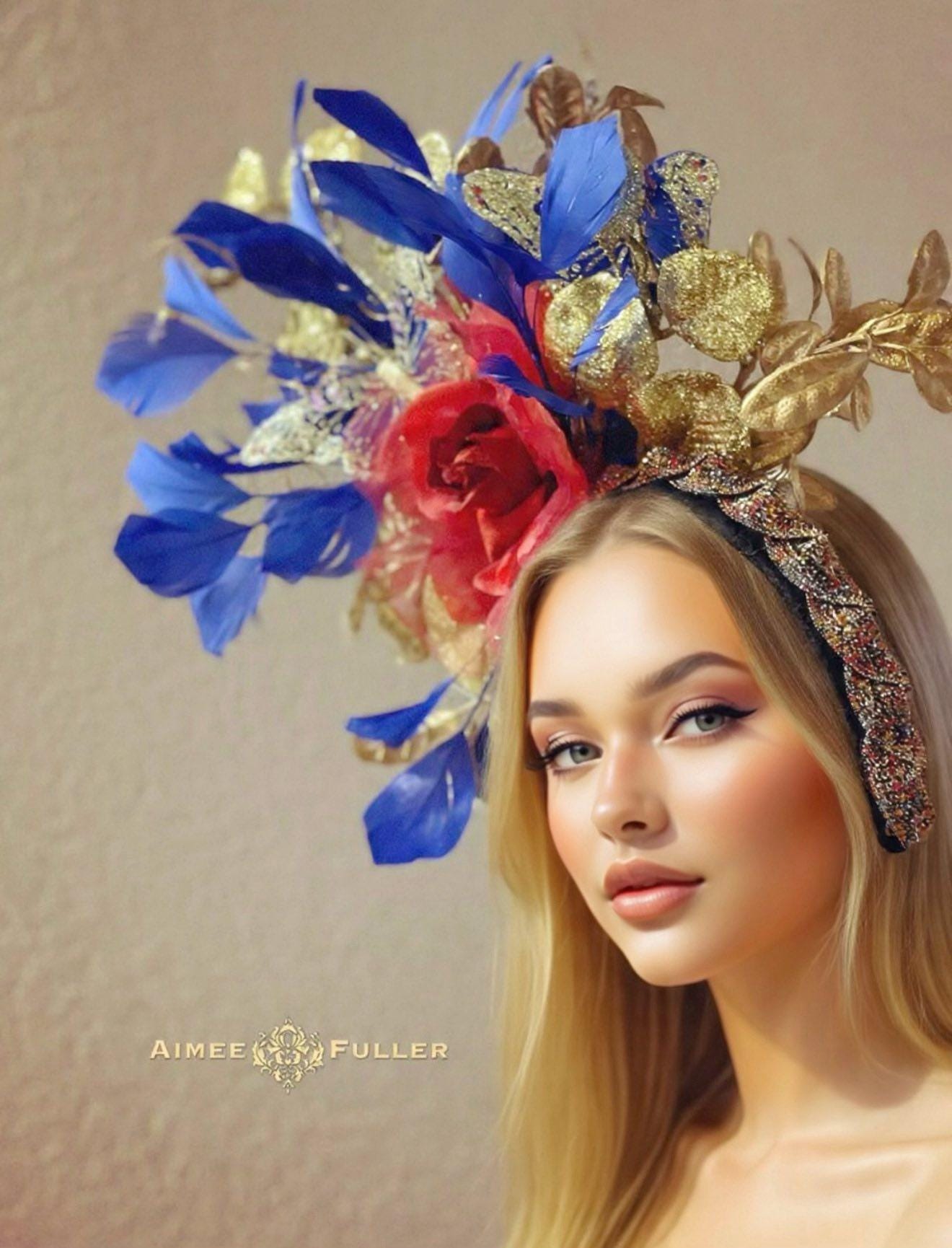 Kentucky Derby Hat Fascinator, Red Blue Sparkling Rose Fancy Feather Hat, Blue Gold Butterfly High Tea Hat, Royal Ascot Hat, Melbourne Cup