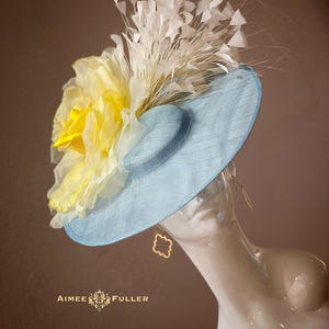 Kentucky Derby Hat, Light Powder Blue Sinamay Hat, Yellow Rose Flower Hat, Bridal Fascinator, Easter, Del Mar, Cream Royal Ascot Hatinator
