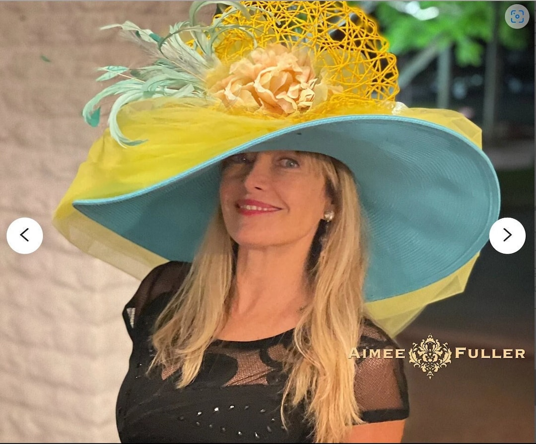 Aimee Fuller Kentucky Derby Hat Del Mar Colors Yellow Turquoise Bl Kentucky Derby Hat Fascinator, Yellow and Aqua Blue  main image 4