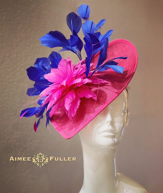 Kentucky Derby Hat Blue Derby Fascinator Hat with Pink Flowers – Race Day Ready Royal Blue Kentucky Derby Fascinator: Pink Floral Race Hat  main image 4