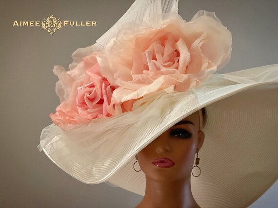 Beige Roses and Bows Wide Brim Derby Hat. Kentucky Derby Hats Camel Beige Velvet Flowers Hat Ny  main image 3