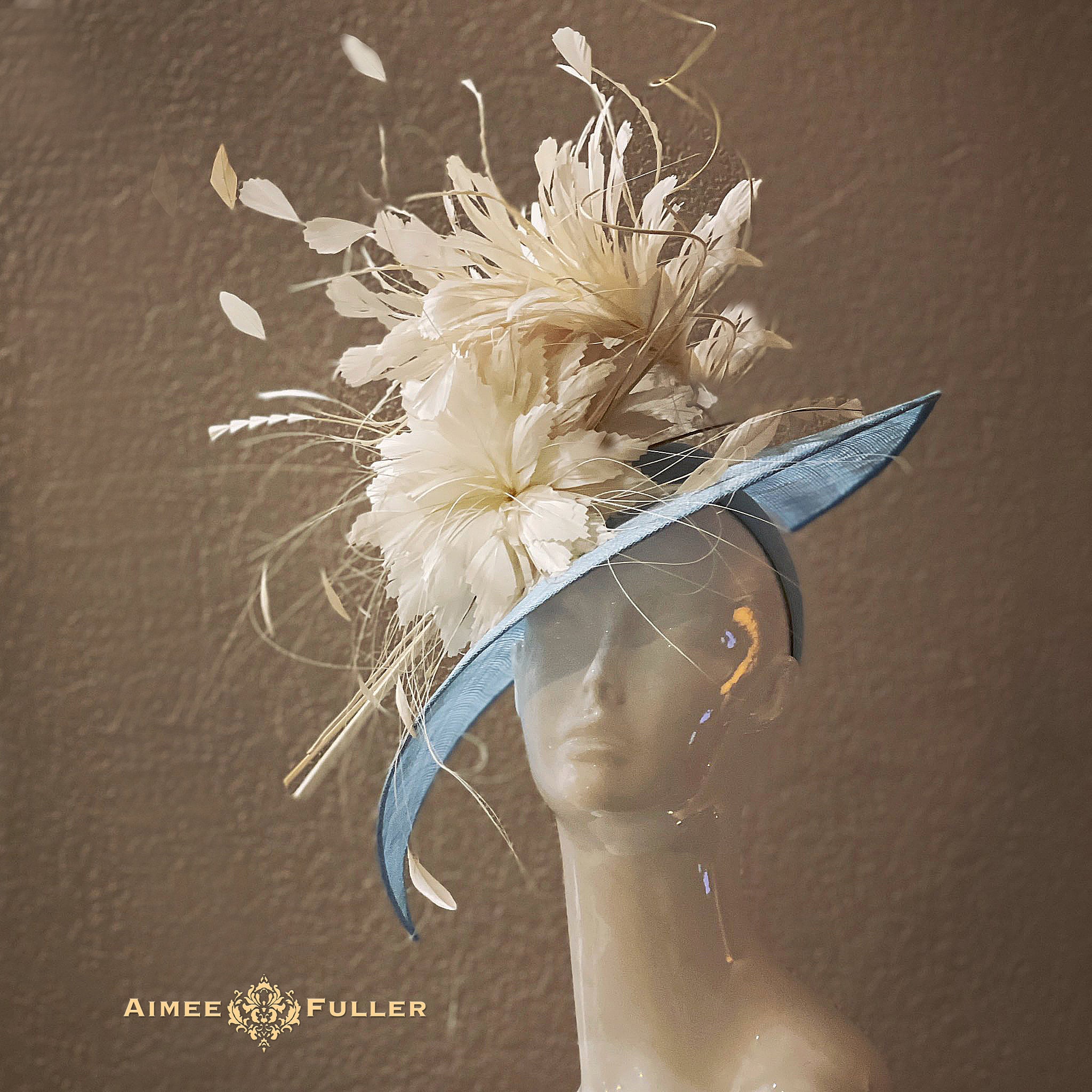 Kentucky Derby Hat, Light Blue Sinamay Cream Feathers Bridal  display picture 1