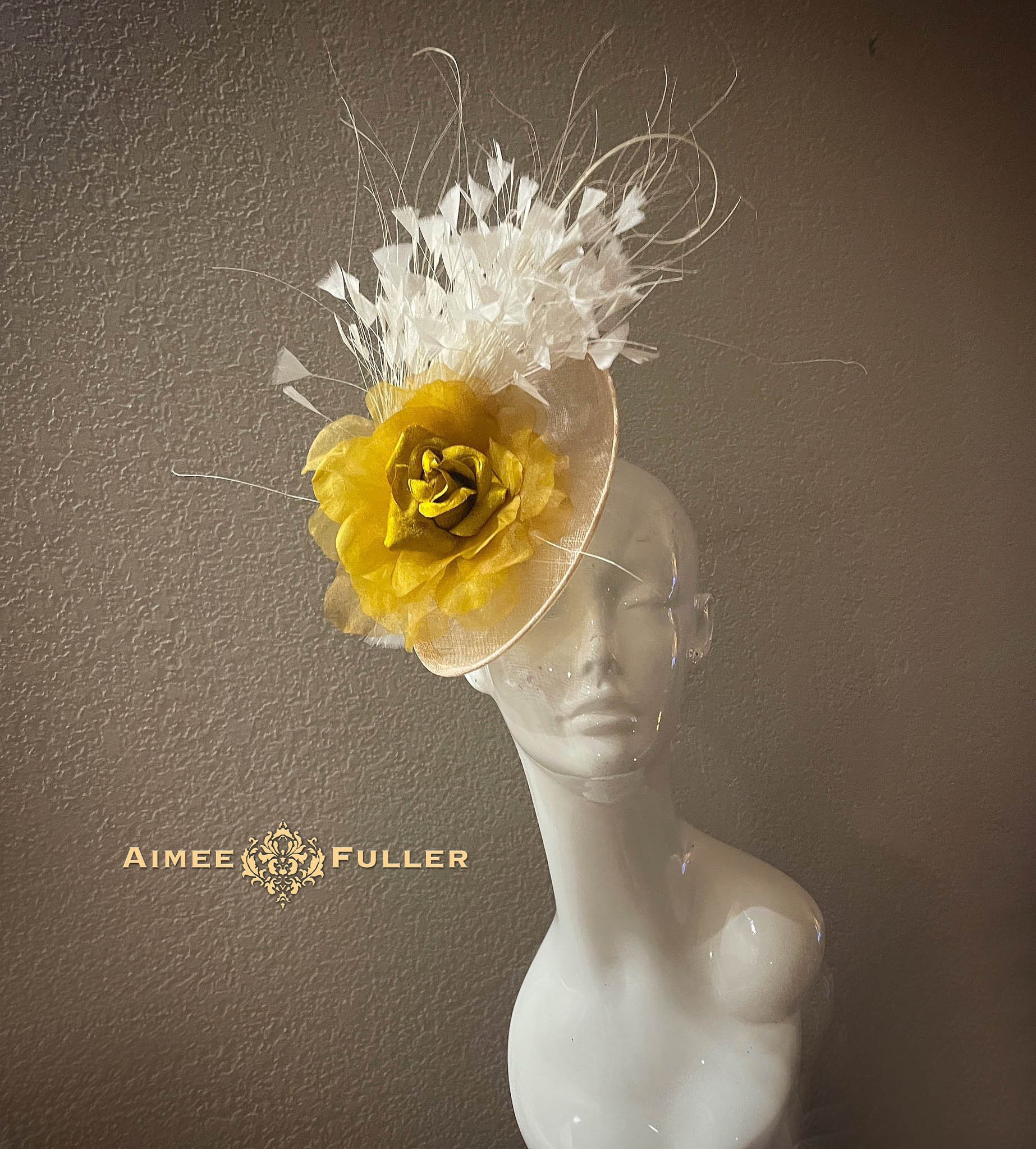 Fascinator yellow feathers, cream and rust flowers Clip On Yellow Fascinator with Loops & Feather Flower main image 3