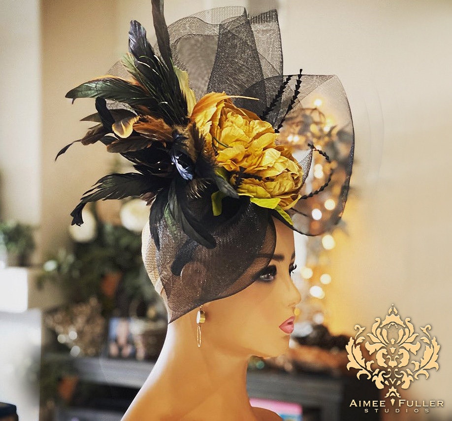 Kentucky Derby Hat, Black and Gold Fascinator, Gold Peony  display picture 3
