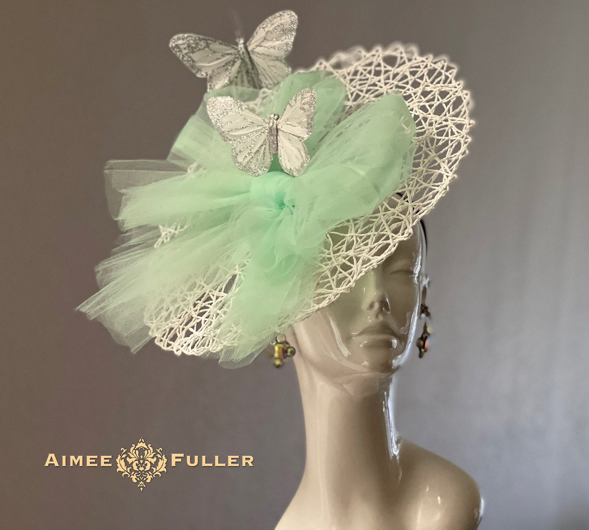 Hat & Veil Fascinator Satin Trim Bow MINT by Georgette Wedding Bridal Derby Green Kentucky Derby Fascinator, Mint Green Wedding Hat  main image 3