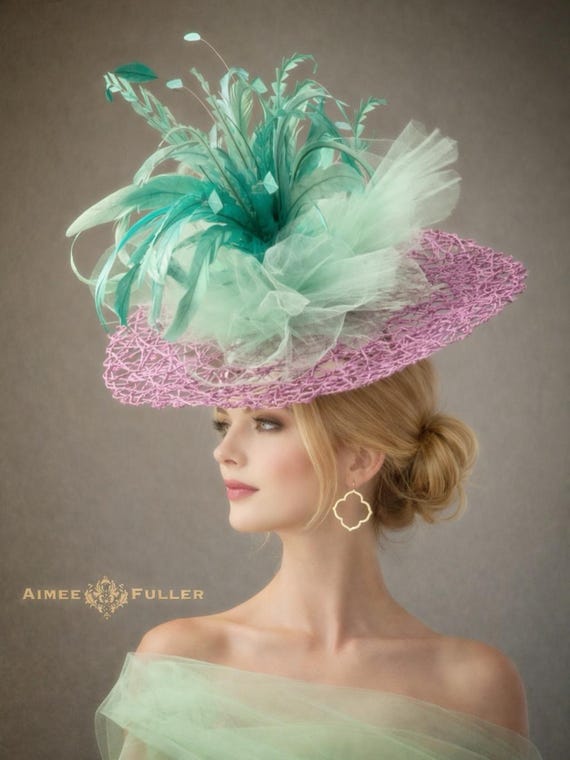 Kentucky Derby Hat Fascinator, Mint Green Purple Hat  display picture 3