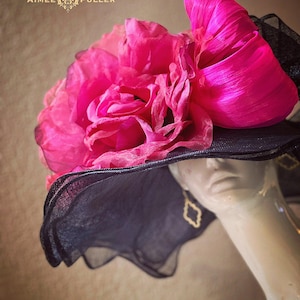 Kentucky Derby Hat, Navy Blue Hot Pink Wide Brim Hat, Fuchsia Rose Bridal Hat, Kentucky Oaks Hat, Royal Ascot Hat, Women&#39;s Hat, Preakness