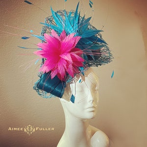 Kentucky Derby Hat Fascinator, Turquoise Blue Hot Pink Fuchsia Teal Green Silk Feather Del Mar Melbourne Cup Hat, Royal Ascot Hat, Easter