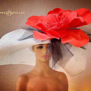 Kentucky Derby Hat, High Tea Hat, Red and White Large Brim Hat, Red Rose Hat, Breeders Cup Hat, Del Mar Royal Ascot Hat Black and Red Hat