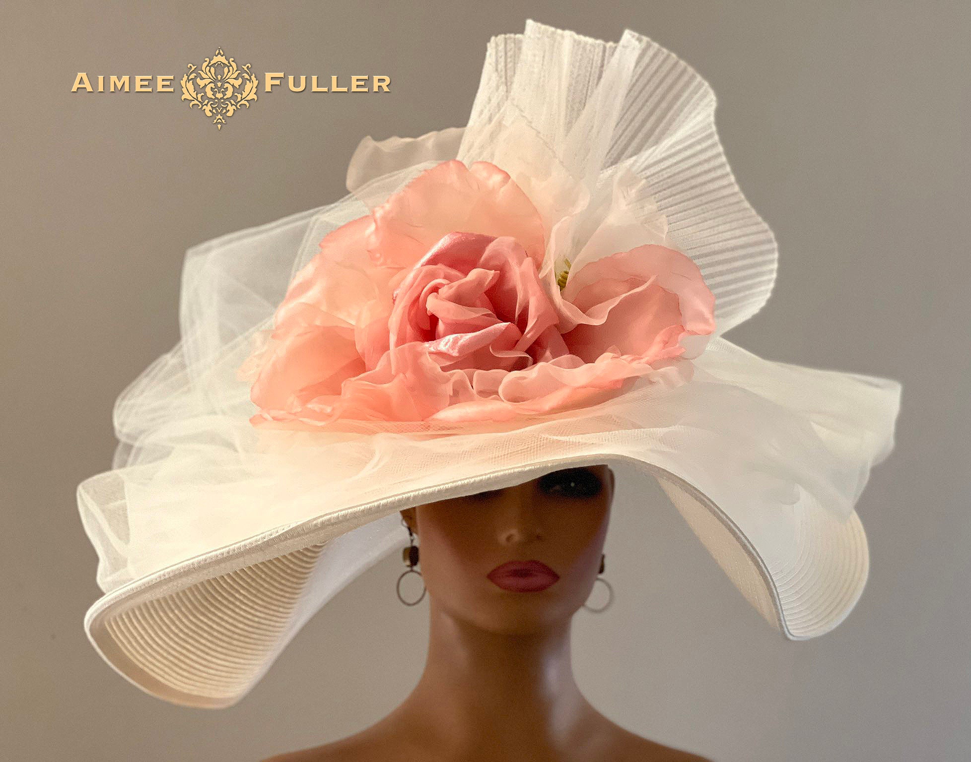 Pink Peach Ombre Kentucky Derby Hat, High Tea Ivory White 