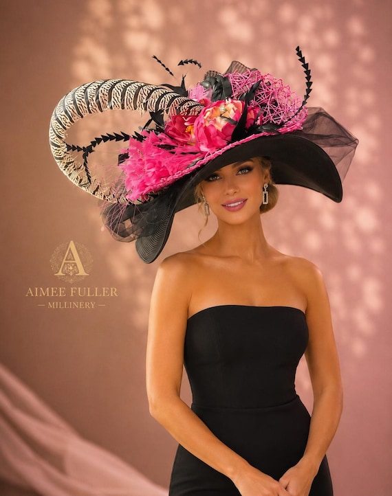 hot pink kentucky derby dress Hat, Wide Brim Hat, Ky Derby Hat, Fuchsia Flower Black Hat, Del Mar Opening Day Hat, Royal Ascot Hat, Breeders' Cup black gown