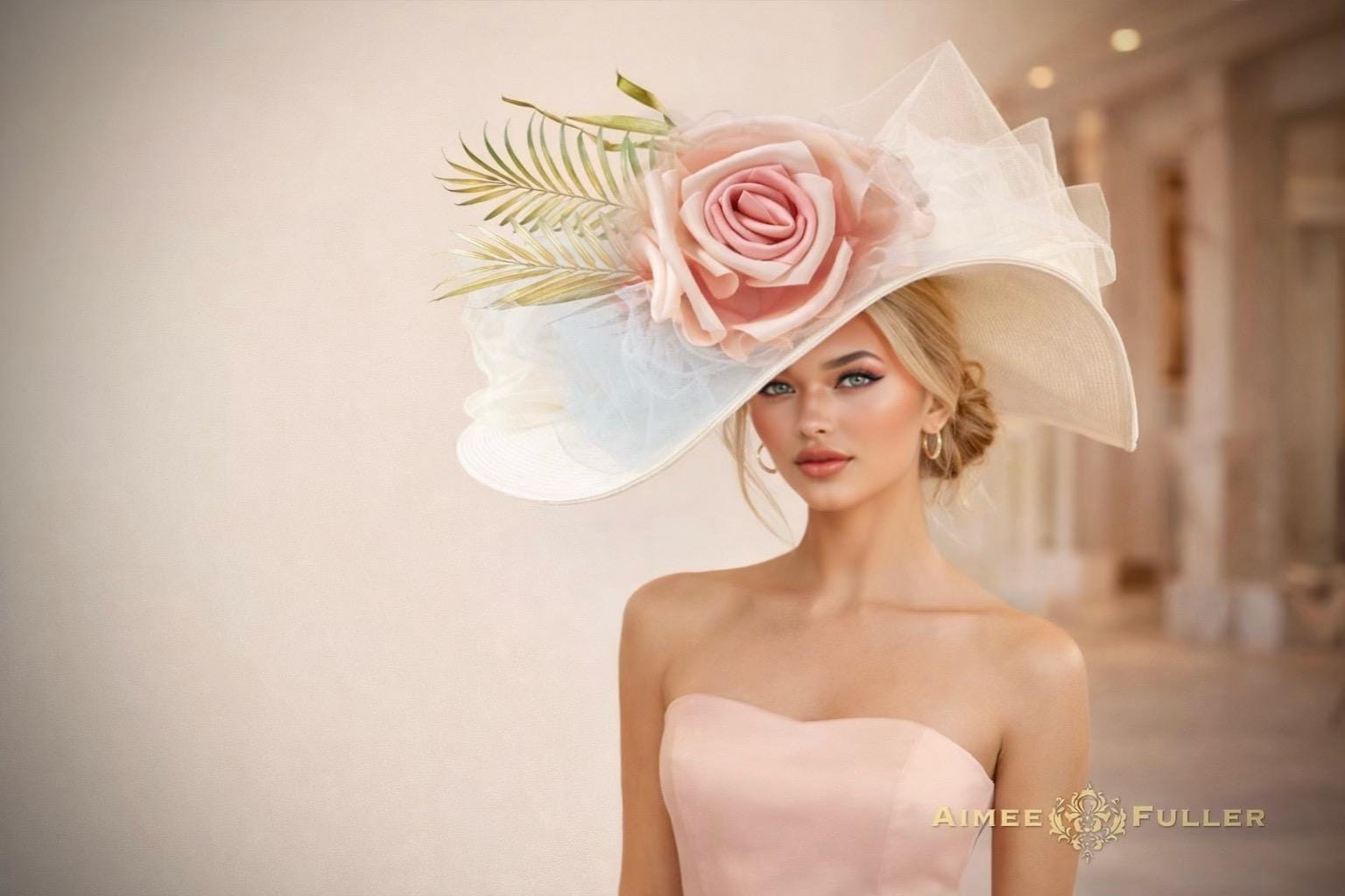 ?Creme KENTUCKY DERBY, Wedding, TEA Party, Worship Fascinator Hat Feather Kentucky Derby Hat Flower Fascinator - Champagne  main image 3