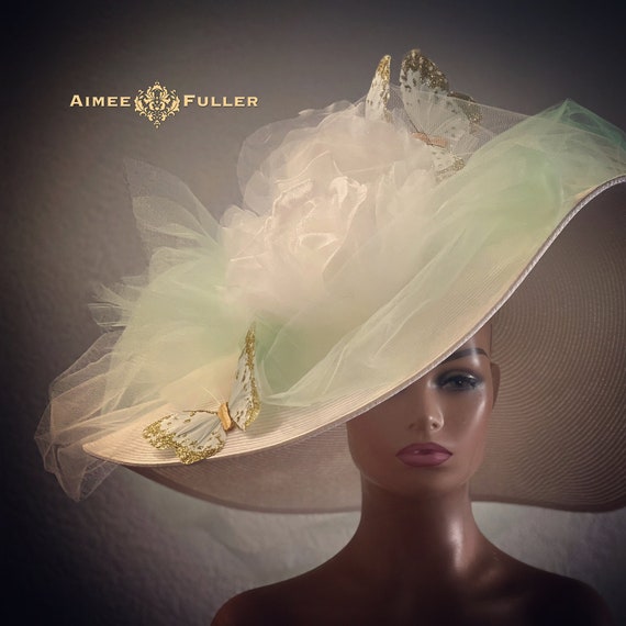 Ivory Mint Green Felt Wide Brim Hat NWT!! Mint Green Kentucky Derby Hat Ivory Cream Large Brim Hat  main image 4