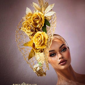 Gold Kentucky Derby Hat Fascinator, Metallic Gold Peony  display picture 3