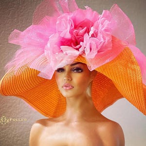Kentucky Derby Hat, High Tea Hat, XL Orange Hot Pink Derby Hat, Kentucky Oaks Hat, Del Mar Hat, Royal Ascot Hat, Pink Rose Derby Hat Del Mar