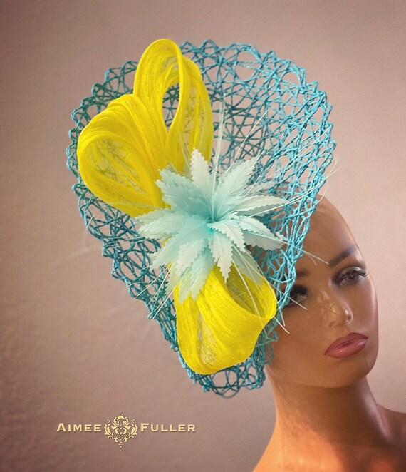 Kentucky Derby Hat Fascinator, Yellow and Aqua Blue 