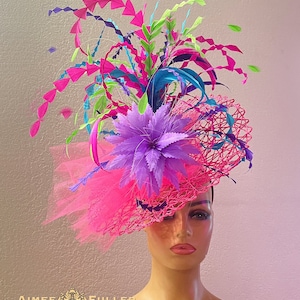 Kentucky Derby Hat Fascinator, Apple Green Hot Pink Fuchsia Purple Turquoise Blue Fascinator, Feathery Headpiece Del Mar Races, Royal Ascot