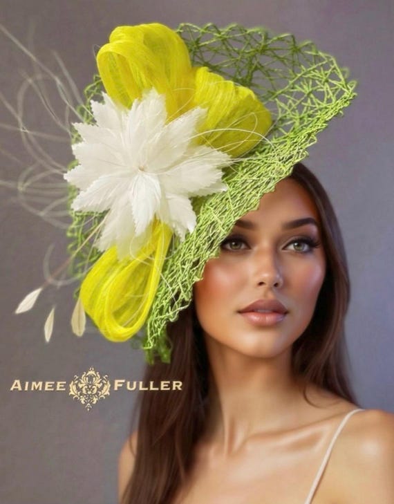 Kentucky Derby Hat Fascinator, Lemon Lime Feather Hat, Olive  display picture 3