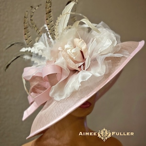Aimee Fuller Kentucky Derby Hat, Dusty Pink Sinamay Brown Neutral Adjustable Hat, Mauve Roses Peacock Feathers Del Mar, Royal Ascot Easter