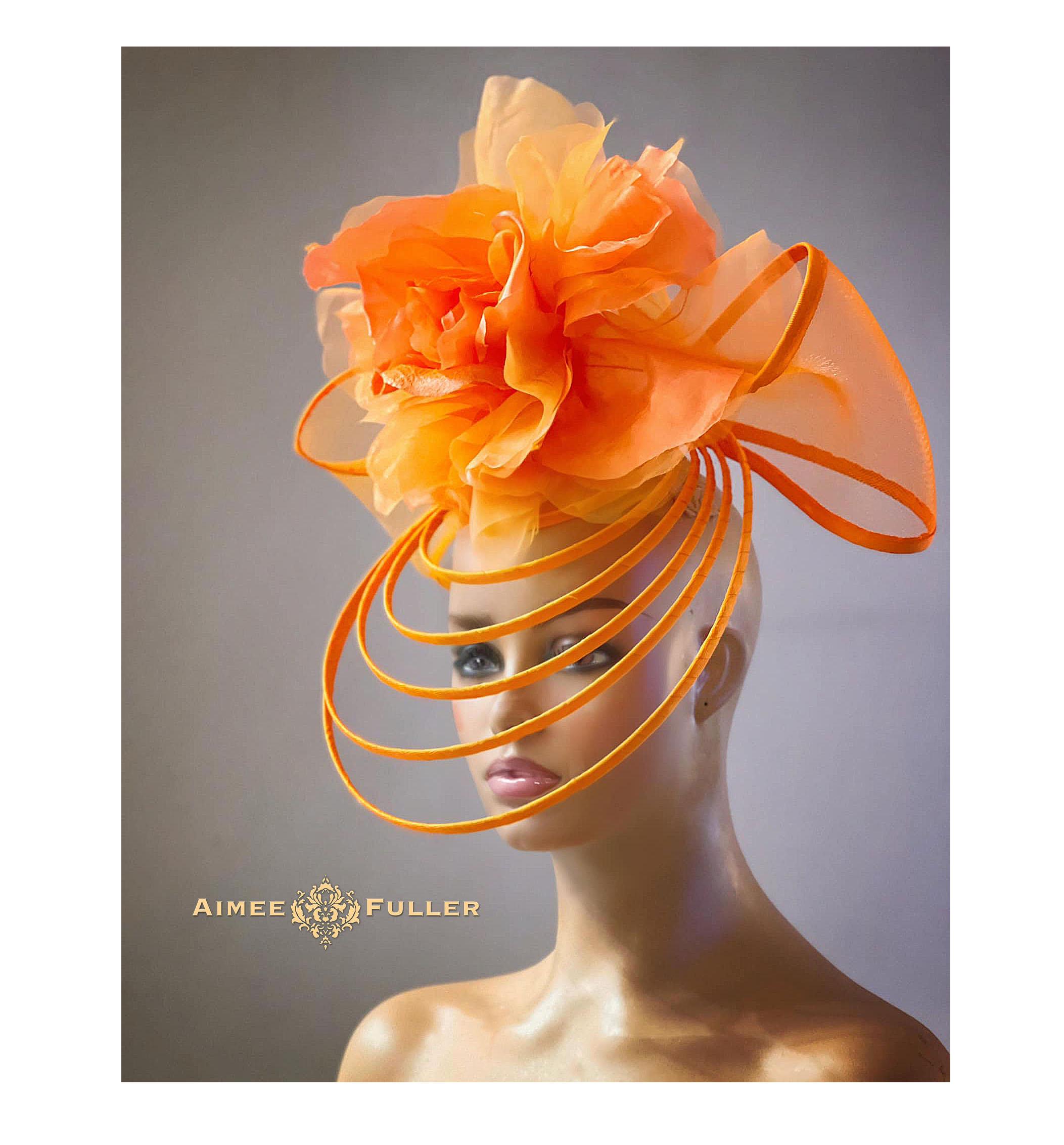 Kentucky Derby Custom Orange Multi Feather Fascinator kentucky derby hat fascinator orange feathers on iridescent  main image 4
