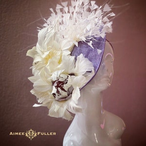 Kentucky Derby Hut, Creme Lila Fascinator, Nebliger Schleier, Federblume, Braut Fascinator, Del Mar, Royal Ascot Hut Hut Bordeaux Cup