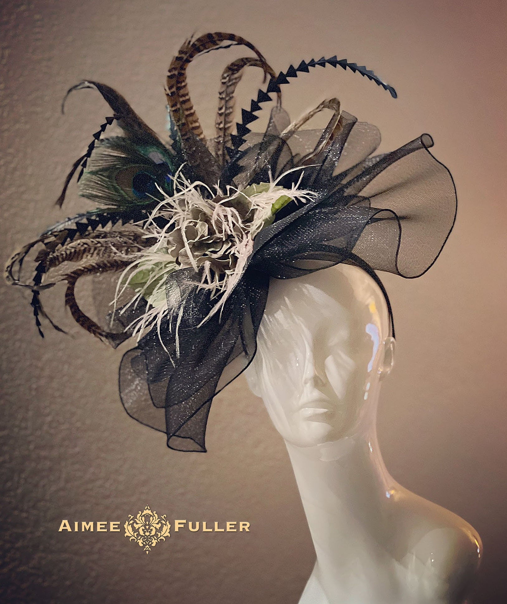 Fascinator Hat Black Beige Fringe and Peacock Feathers for 