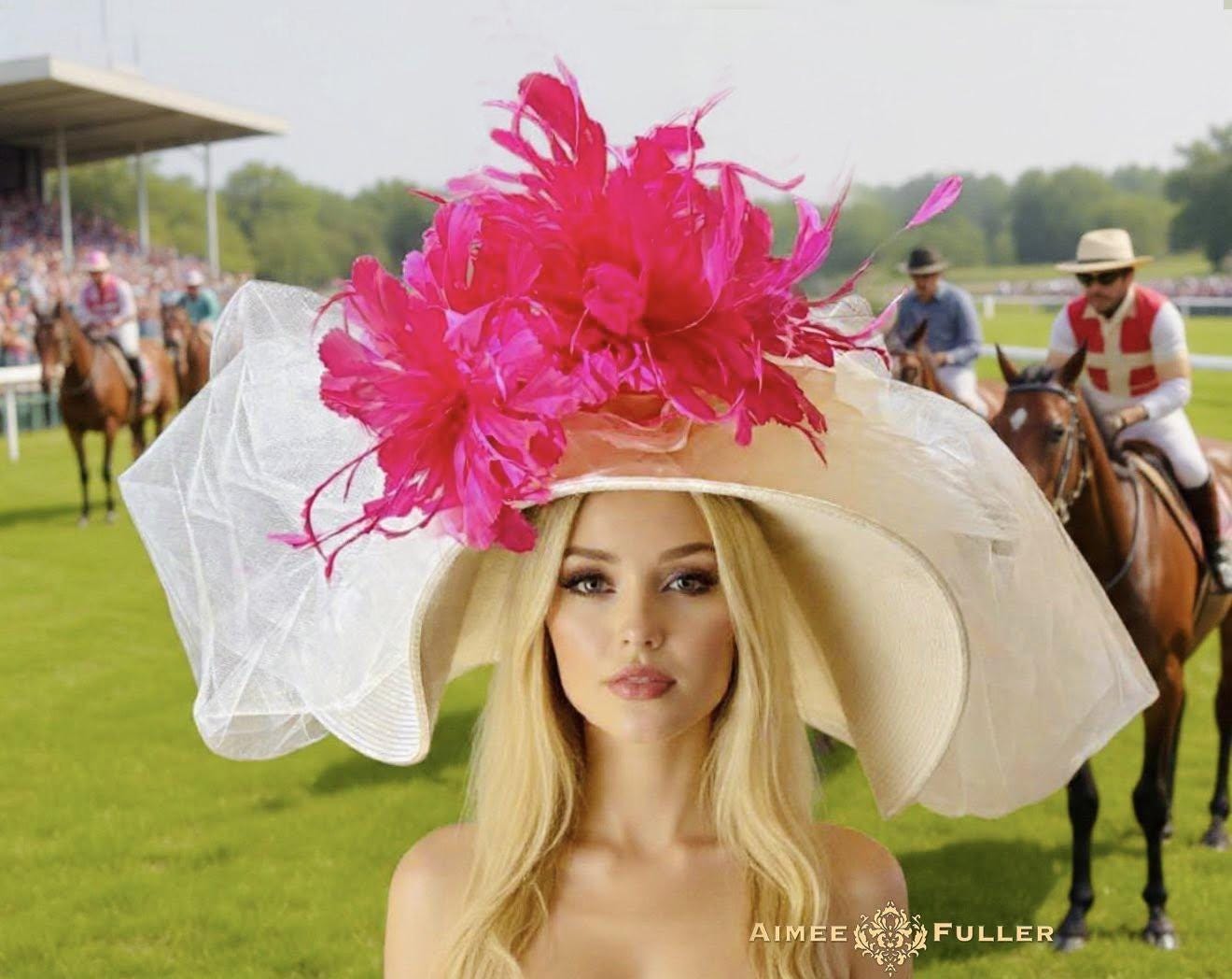 Kentucky Derby Wide Brim Hat, Fuchsia Hot Pink Blue Black 