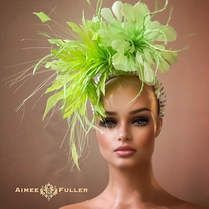 Kentucky Derby Hat Fascinator, Apple Green Fancy Feather Hat, Neon Lime Green High Tea Hat, Royal Ascot Hat Melbourne Cup Hat Church Del Mar