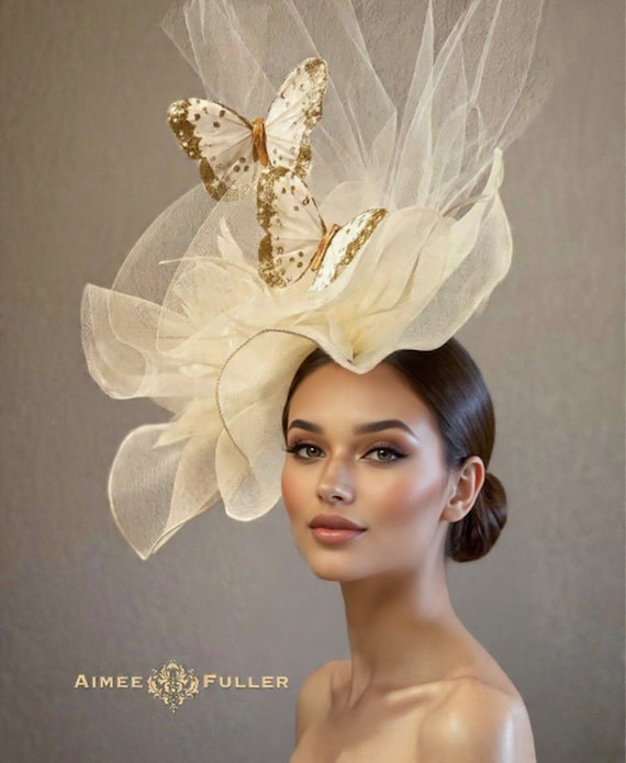White Bridal Wedding Butterfly Fascinator Feather Hat Headband Formal Headwear Fascinator Hat Butterfly White Headpiece | Masquerade Store main image 4