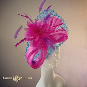 Kentucky Derby Hat, Fuchsia Fascinator, Big Derby Fascinator, Turquoise Blue Hat, Purple Ascot Hat, Fancy Fascinator, Turquoise Hot Pink hat