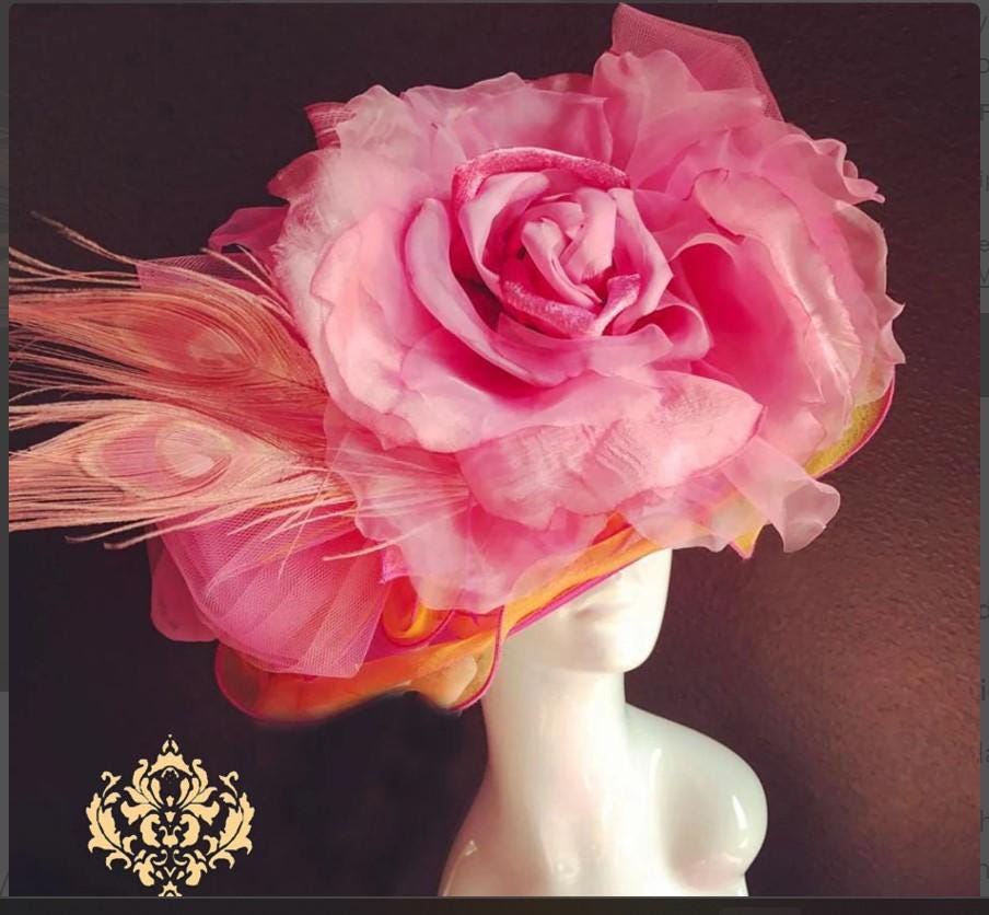 Kentucky Derby Hat, Wide Brim Hot Pink Flower Black Church  display picture 1