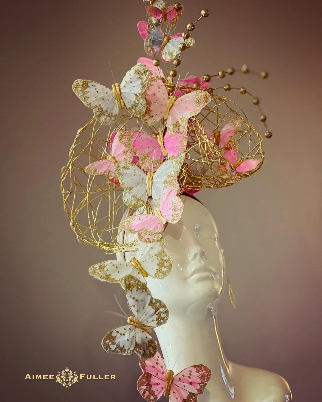 Aimee Fuller Custom Pink Rose Hat with Butterflies Aimee Fuller Butterfly Hat Dusty Pink Mauve Gold Kentucky  main image 2