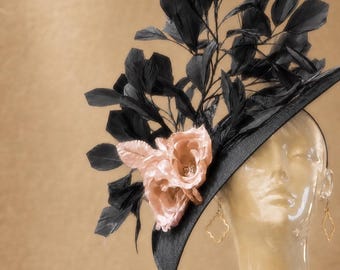 Kentucky Derby Hat Fascinator, Black and Dusty Pink Royal Ascot Hat, High Tea Hat, Del Mar, Breeders Cup Melbourne Cup