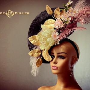 Aimee Fuller Black Pink Gold Floral Royal Ascot Fascinator Kentucky Derby Hat, Easter Hat, Melbourne Cup Hat Del Mar Races Opening Day Hat