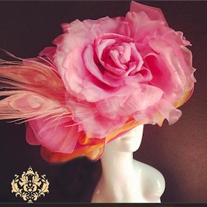 High Tea Orange Large Brim Hat, Giant Pink Flower Bridal Easter Hat, Kentucky Derby Hat, Del Mar Races Royal Ascot Melbourne Cup Church Polo