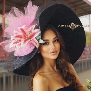 Kentucky Derby Hat, High Tea Black Large Brim Hat Giant Pink Stargazer Lilies Easter Hat, Del Mar Races Galas Royal Ascot Melbourne Cup Polo