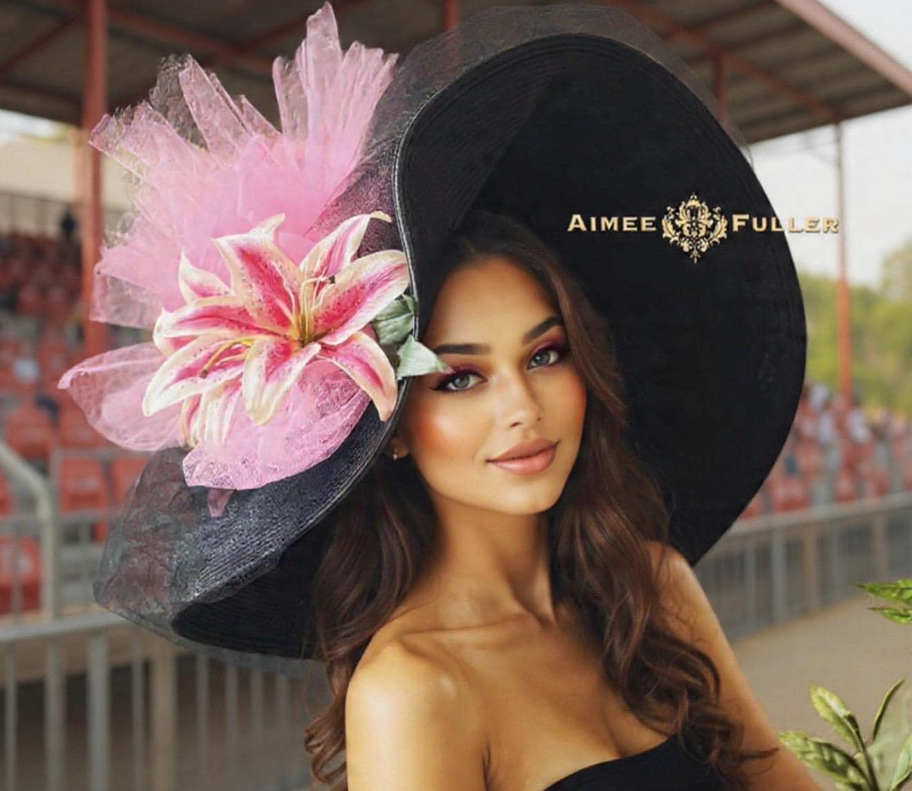 Black Wide-Brim Hat with White Lily & Purple Floral Accents by August Accessories Fine Millinery Black Wool Felt Wide Brim  main image 3