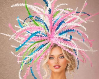 Kentucky Derby Hat Fascinator, White Pink Apple Lime Green Turquoise Aqua Blue Feather Frenzy Headpiece, Royal Ascot, Various Colors