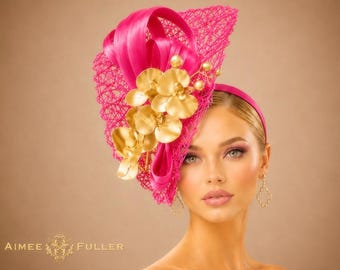 Kentucky Derby Hat Fascinator, Hot Pink Silk Sash and Gold Orchid Fascinator, Del Mar, Royal Ascot Melbourne Cup