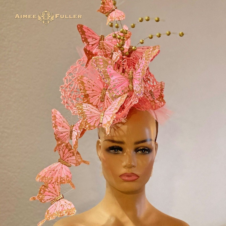 Aimee Fuller Kentucky Derby Fascinator, Royal Ascot Hat, Butterfly Pink Gold Headpiece Del Mar Opening Day High Tea Wedding Breeders Cup Hat image 5