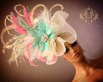 Kentucky Derby Hat Fascinator, Mint Green Derby Hat, Cream Ivory Pink Hat, Kentucky Oaks Hat, Del Mar Races, Royal Ascot Hat, Breeders&#39; Cup